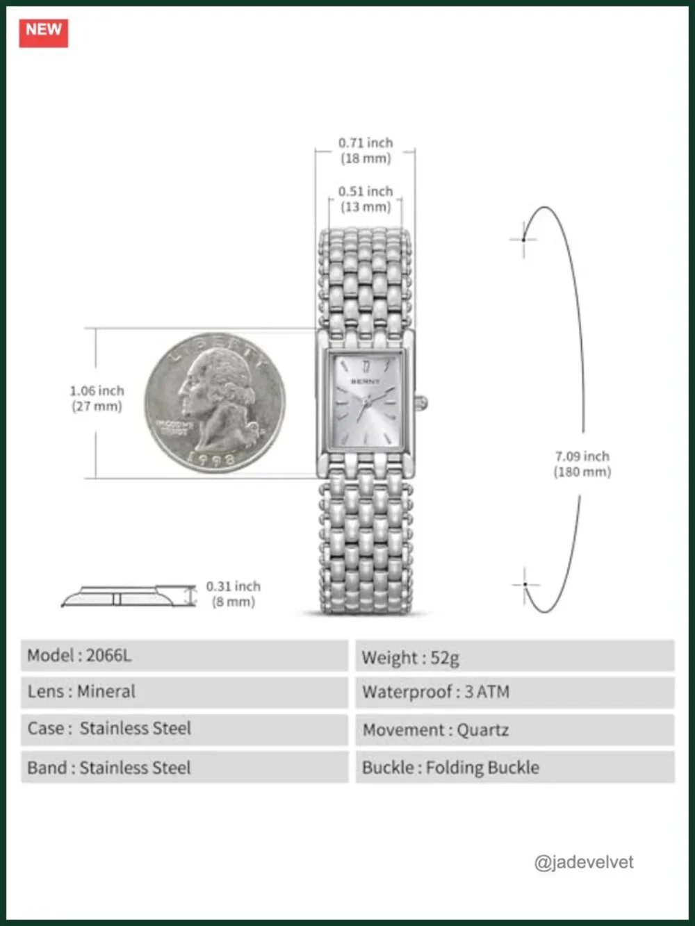 Luxury Silver Watch for Women - Rectangle Stainless Steel Bracelet, Japanese